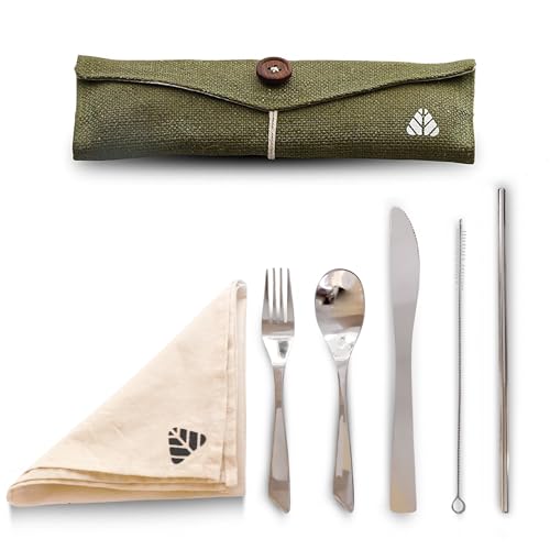 Rusabl Stainless Steel Cutlery Set (Pack of 6, Green) Reusable Travel Pack for Daily Use, Gifting and Travelling (Spoon, Fork, Knife, Steel Straw, Cleaning Brush, Napkin and Jute Pouch) - Image 1