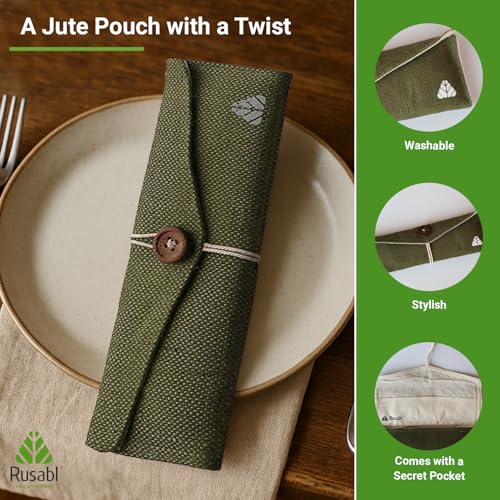 Rusabl Stainless Steel Cutlery Set (Pack of 6, Green) Reusable Travel Pack for Daily Use, Gifting and Travelling (Spoon, Fork, Knife, Steel Straw, Cleaning Brush, Napkin and Jute Pouch) - Image 4