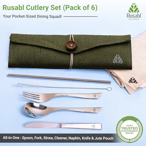 Rusabl Stainless Steel Cutlery Set (Pack of 6, Green) Reusable Travel Pack for Daily Use, Gifting and Travelling (Spoon, Fork, Knife, Steel Straw, Cleaning Brush, Napkin and Jute Pouch) - Image 2