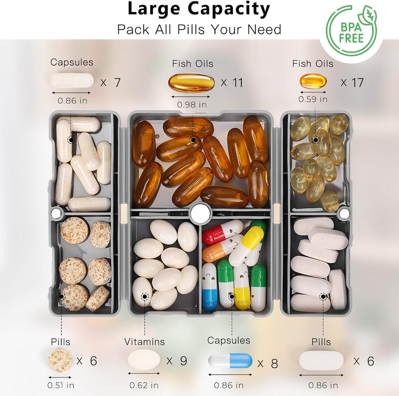 FYY Daily Pill Organizer, 7 Compartments Portable Pill Case Travel Pill Organizer,[Folding Design]Pill Box for Purse Pocket to Hold Vitamins,Cod Liver Oil,Supplements and Medication-Grey - Image 4