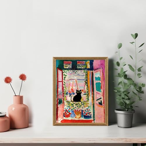 Fantasy Artists Henri Matisse Cat Wall Art, Framed Open Window Black Cat Canvas Poster Prints, Abstract Aesthetic Wall Decors for Living Room, Oil Paintings for Room Bathroom Decorations 8" X 10" - Image 3