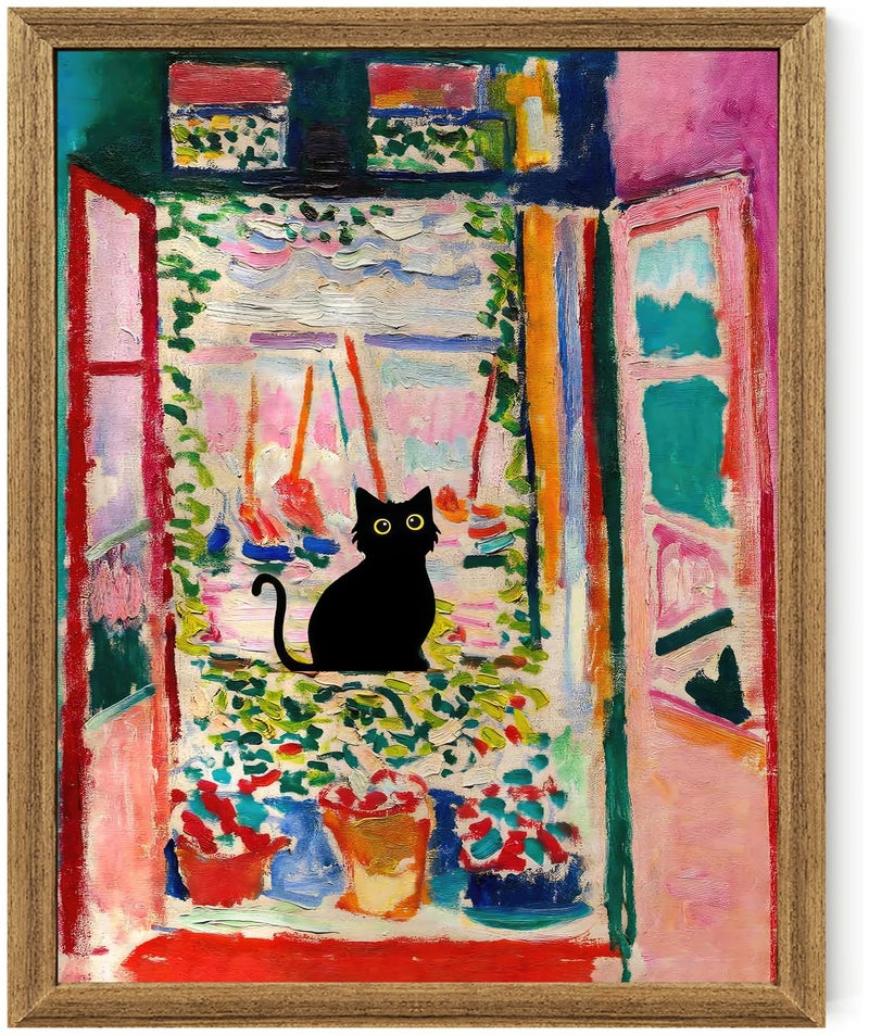 Fantasy Artists Henri Matisse Cat Wall Art, Framed Open Window Black Cat Canvas Poster Prints, Abstract Aesthetic Wall Decors for Living Room, Oil Paintings for Room Bathroom Decorations 8" X 10" - Image 1
