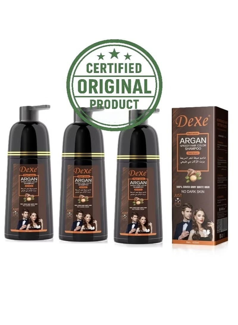 Dexe Argan Speedy Hair Color Shampoo Dark Brown 420ml Pack of 3 | 100% Grey & White Hair Coverage | Long-Lasting Up to 6 Months | For Men & Women - Image 1