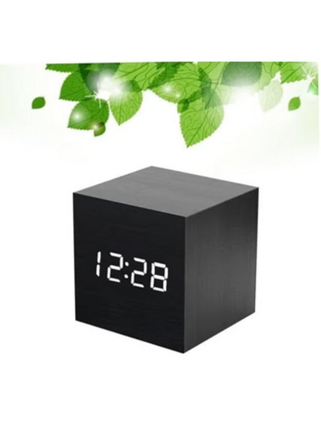 Organized Home Digital Alarm Clock Wooden LED Light Multifunctional Modern Cube Displays Date Temperature for Home Office Travel -Black - Image 2