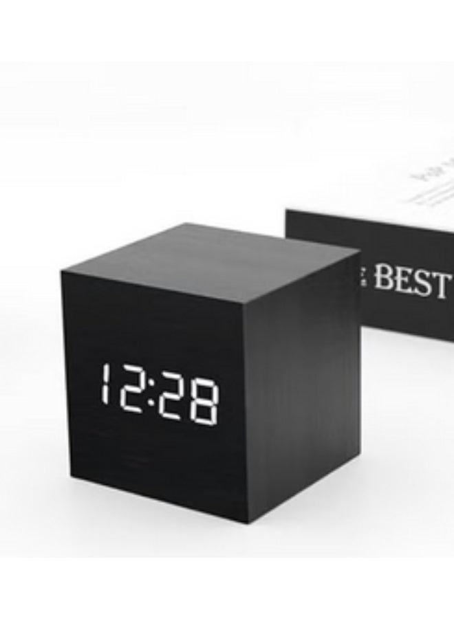 Organized Home Digital Alarm Clock Wooden LED Light Multifunctional Modern Cube Displays Date Temperature for Home Office Travel -Black - Image 1