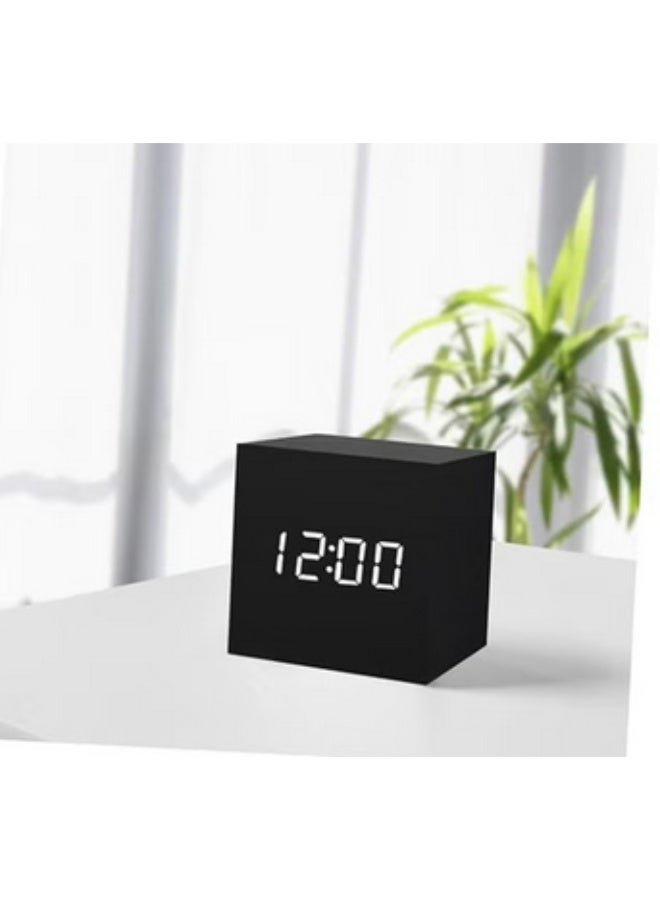 Organized Home Digital Alarm Clock Wooden LED Light Multifunctional Modern Cube Displays Date Temperature for Home Office Travel -Black - Image 3