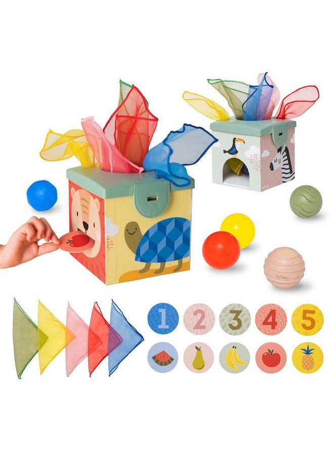 Taf Toys Taf Toys Sensory Baby Tissue Box, Object Permanence Box, Imaginary Play for Infants & Toddlers, Montessori Square Sensory Toys Colorful Pull Scarves, Play Balls & Cards Educational Preschool Learning  - Image 1