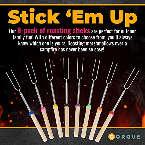 CORQUE Marshmallow Roasting Sticks, Smores Sticks, Extendable, Camping Skewer for Fire Pit, Wooden Handle, 32inch Metal for BBQ Hotdog, Cooking, Campfires, Bonfires, Set of 8 - Image 2