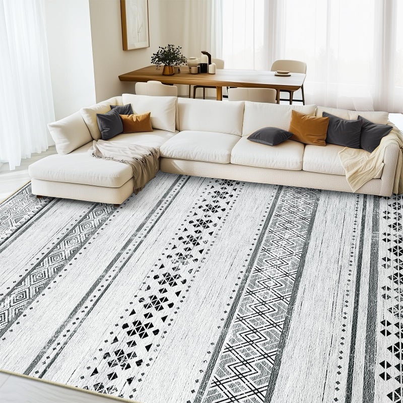 BESTSWEETIE 8x10 Area Rugs for Living Room Washable Moroccan Farmhouse Neutral Geometric Low Pile Non-Slip Soft Print Pattern Rug for Bedroom Kitchen Dining Room Entryway Grey/Black/Navy - Image 1