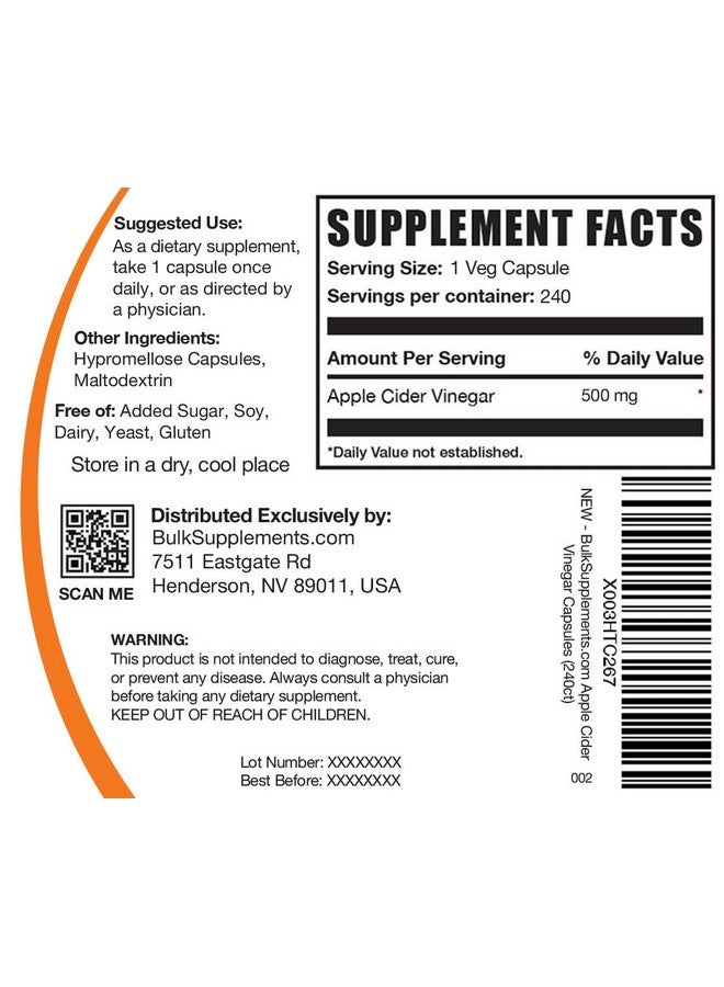 BulkSupplements.com Apple Cider Vinegar Capsules - ACV Capsules, Apple Cider Vinegar Supplements, Apple Cider Vinegar 500mg - Gluten Free, Capsule per Serving, 240 Capsules (Pack of 1) - Image 2