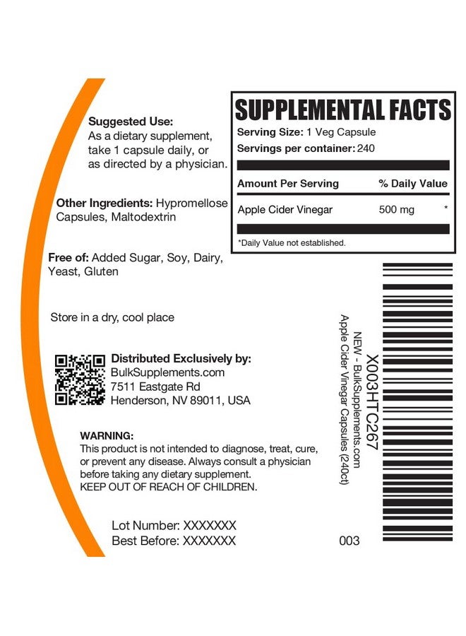 BulkSupplements.com Apple Cider Vinegar Capsules - ACV Capsules, Apple Cider Vinegar Supplements, Apple Cider Vinegar 500mg - Gluten Free, Capsule per Serving, 240 Capsules (Pack of 1) - Image 4