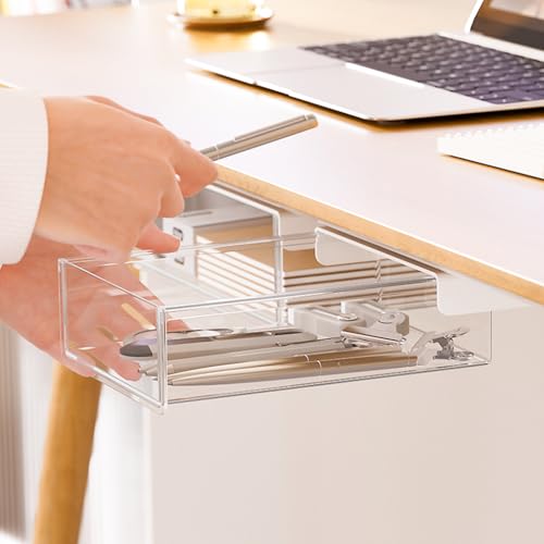 OFIFO® Pull-Out Under Desk Drawer Organizer, Hidden Sliding Storage Box with Adhesive No-Drill Install for Stationery, Makeup, Office Supplies & Tools, 8.2x6.4x2.4 Inch - Image 5