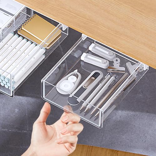 OFIFO® Pull-Out Under Desk Drawer Organizer, Hidden Sliding Storage Box with Adhesive No-Drill Install for Stationery, Makeup, Office Supplies & Tools, 8.2x6.4x2.4 Inch - Image 1