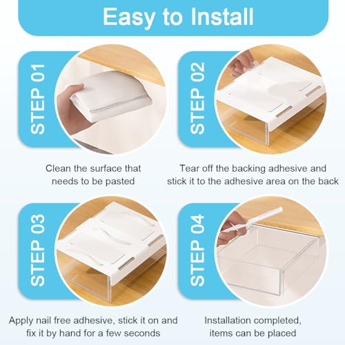 OFIFO® Pull-Out Under Desk Drawer Organizer, Hidden Sliding Storage Box with Adhesive No-Drill Install for Stationery, Makeup, Office Supplies & Tools, 8.2x6.4x2.4 Inch - Image 4