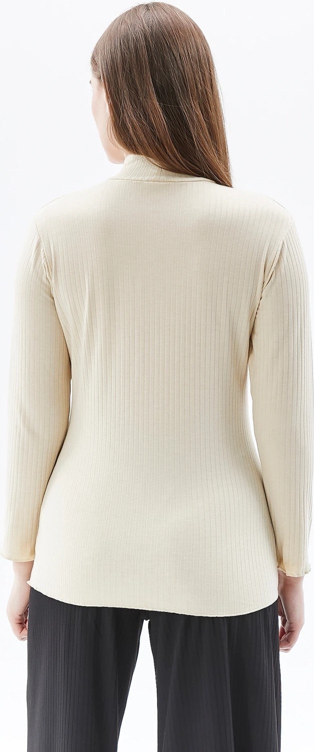 Defy's Women's Stand Collar Long Sleeve T-Shirt Ecru  - Image 4
