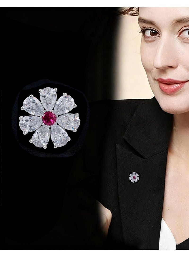 HomeNoor Elegant Silver Crystal Flower Brooch, Exquisite Fashion Lapel Pin for Women Party Wedding Evening Dress Shawl Accessories - Image 1