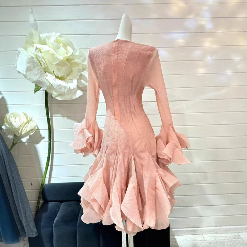 Elegant Long Sleeve Slim Fit Ruffle Dress - French Style Women's Party Dress - Image 3