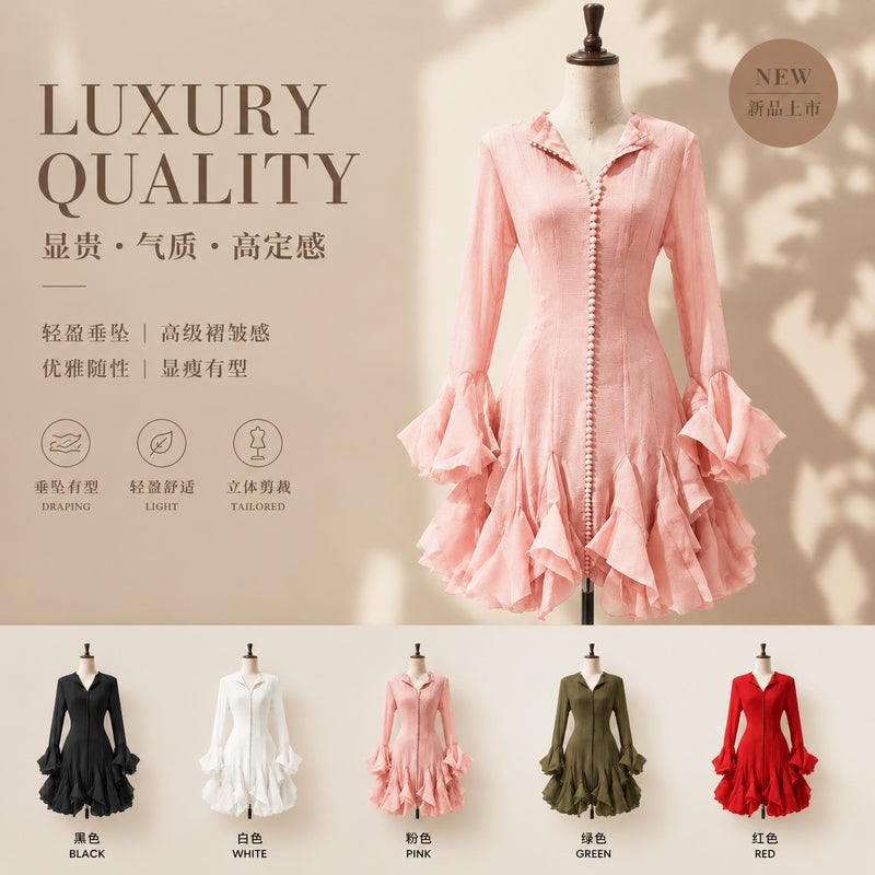 Elegant Long Sleeve Slim Fit Ruffle Dress - French Style Women's Party Dress - Image 2