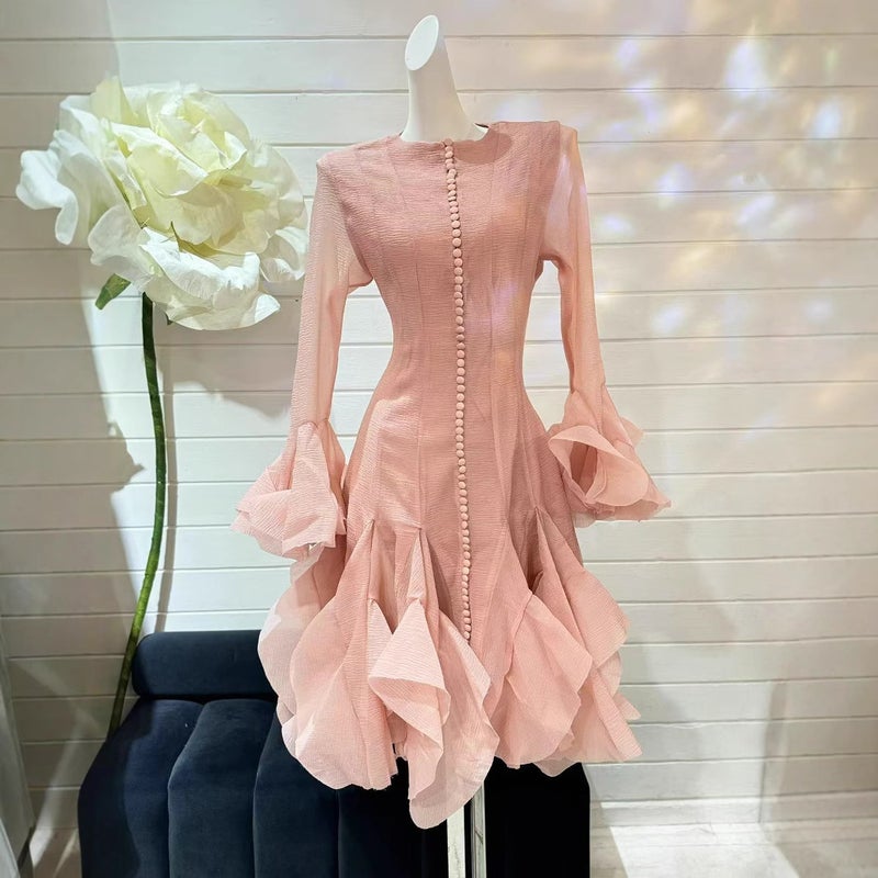 Elegant Long Sleeve Slim Fit Ruffle Dress - French Style Women's Party Dress - Image 5