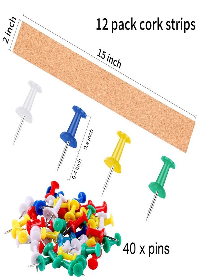 Cooraby 12 Pack Cork Strips 15 x 2 Inch Frameless Self-Adhesive Cork Board with 40 Pieces Cork Board Pins for Classroom Office - Image 2