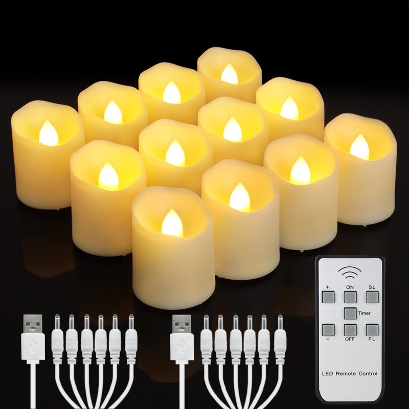FPOO Rechargeable Flameless Tea Lights Candles with Timer & Remote, 12pcs Flickering LED Votive Candles with 2 USB Charging Cables, Warm White Light Electric Fake Candle for Home, Halloween Xmas Decor - Image 1