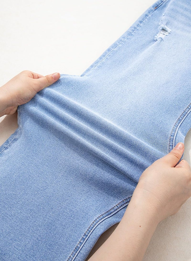 Sidefeel Women's Wide Leg Jeans High Waisted Stretchy Distressed Folded Hem Straight Leg Denim Pants Iceland Blue Size 18 - Image 5