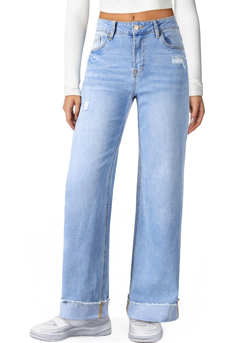 Sidefeel Women's Wide Leg Jeans High Waisted Stretchy Distressed Folded Hem Straight Leg Denim Pants Iceland Blue Size 18 - Image 1