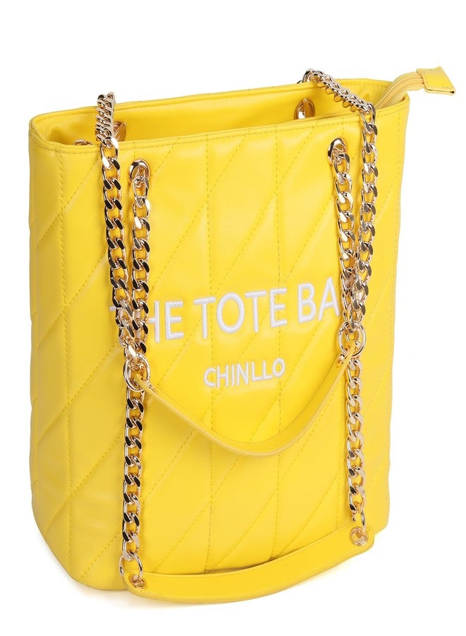 Chinllo Tote Bag for Women, Medium Top Handle Handbags Purse, Yellow-quilted, Large - Image 1