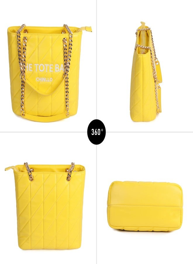 Chinllo Tote Bag for Women, Medium Top Handle Handbags Purse, Yellow-quilted, Large - Image 5