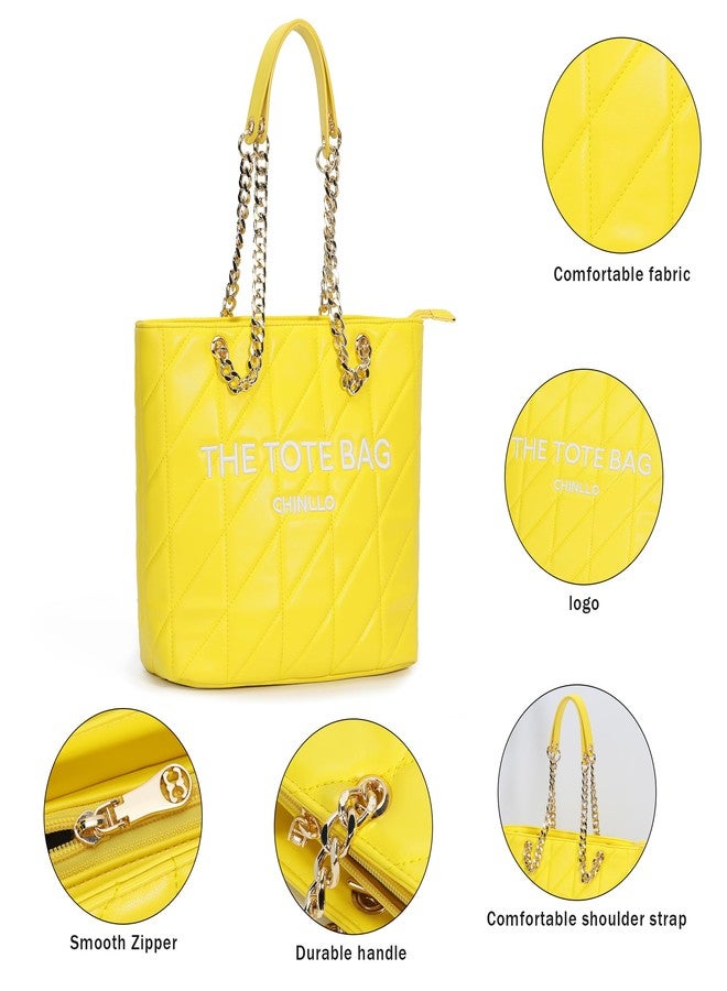 Chinllo Tote Bag for Women, Medium Top Handle Handbags Purse, Yellow-quilted, Large - Image 4