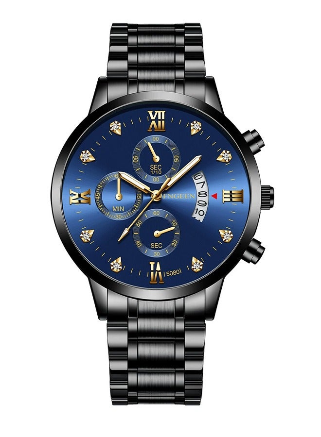 FNGEEN ​​FNGEEN Men's Business Fashion Watch - Black Stainless Steel Case with Blue Dial, Gold-Tone Markers, Triple Sub-Dial Chronograph, Date Display, Quartz Movement, 30M Water Resistance, Luminous Function, Modern Office Style for Professional & Casual Wear​​  - Image 1