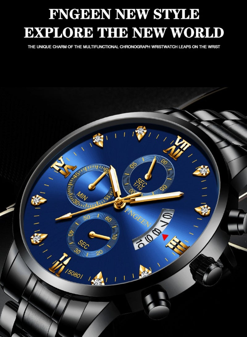 FNGEEN ​​FNGEEN Men's Business Fashion Watch - Black Stainless Steel Case with Blue Dial, Gold-Tone Markers, Triple Sub-Dial Chronograph, Date Display, Quartz Movement, 30M Water Resistance, Luminous Function, Modern Office Style for Professional & Casual Wear​​  - Image 2