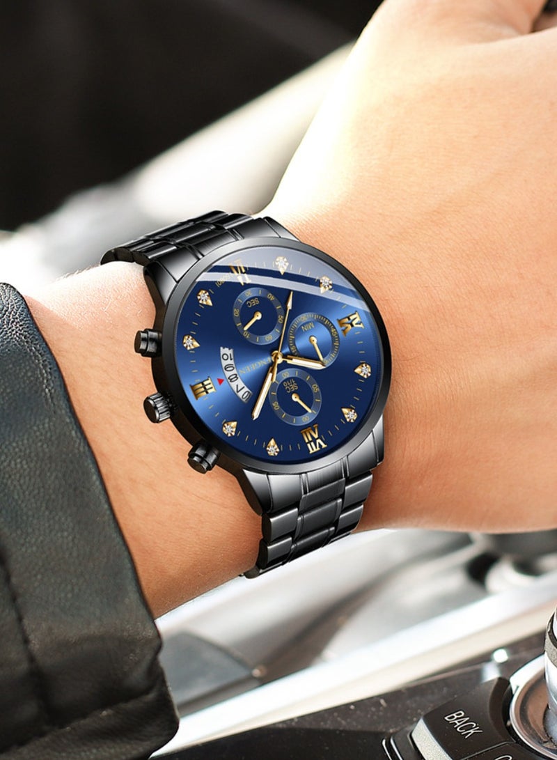 FNGEEN ​​FNGEEN Men's Business Fashion Watch - Black Stainless Steel Case with Blue Dial, Gold-Tone Markers, Triple Sub-Dial Chronograph, Date Display, Quartz Movement, 30M Water Resistance, Luminous Function, Modern Office Style for Professional & Casual Wear​​  - Image 3