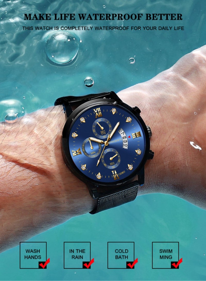 FNGEEN ​​FNGEEN Men's Business Fashion Watch - Black Stainless Steel Case with Blue Dial, Gold-Tone Markers, Triple Sub-Dial Chronograph, Date Display, Quartz Movement, 30M Water Resistance, Luminous Function, Modern Office Style for Professional & Casual Wear​​  - Image 4
