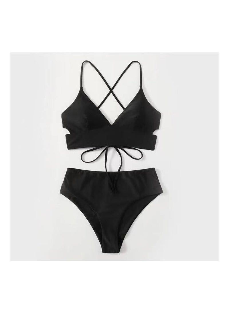 1-Set Solid Colour Split Swimsuit,Gathered High Waist Swimsuit,Colour Black,Size S  - Image 1