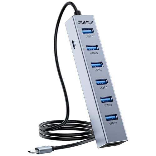 ZIUMIER USB C HUB,7 Port USB C to USB Hub,Aluminum Alloy USB 3.0 Data Port, 5Gbps USB Splitter Compatible for Laptop, MacBook, iPad, Surface Pro, XPS - Image 1