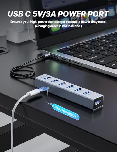 ZIUMIER USB C HUB,7 Port USB C to USB Hub,Aluminum Alloy USB 3.0 Data Port, 5Gbps USB Splitter Compatible for Laptop, MacBook, iPad, Surface Pro, XPS - Image 3