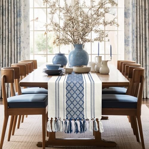 yuboo Blue and White Table Runner Farmhouse Style - Coastal Boho Woven Table Runner 72 inches Long with Tassels, Dresser Runner Cover Top for Coffee Table, Kitchen, Bedroom, Fall Table Decor - Image 1