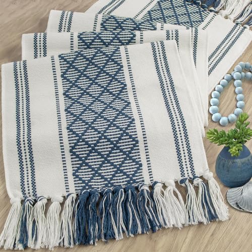 yuboo Blue and White Table Runner Farmhouse Style - Coastal Boho Woven Table Runner 72 inches Long with Tassels, Dresser Runner Cover Top for Coffee Table, Kitchen, Bedroom, Fall Table Decor - Image 3