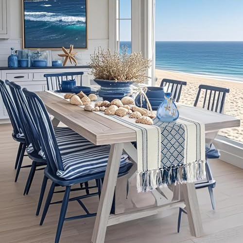 yuboo Blue and White Table Runner Farmhouse Style - Coastal Boho Woven Table Runner 72 inches Long with Tassels, Dresser Runner Cover Top for Coffee Table, Kitchen, Bedroom, Fall Table Decor - Image 2