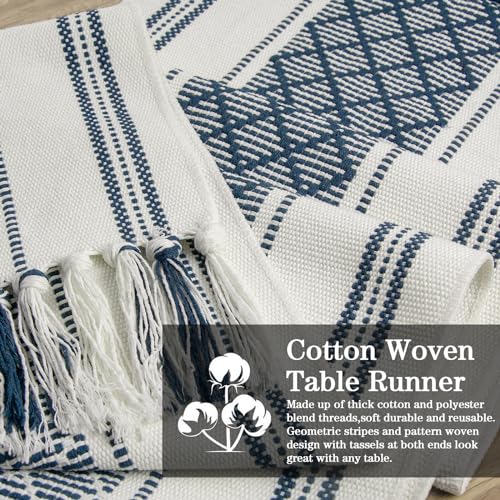 yuboo Blue and White Table Runner Farmhouse Style - Coastal Boho Woven Table Runner 72 inches Long with Tassels, Dresser Runner Cover Top for Coffee Table, Kitchen, Bedroom, Fall Table Decor - Image 5