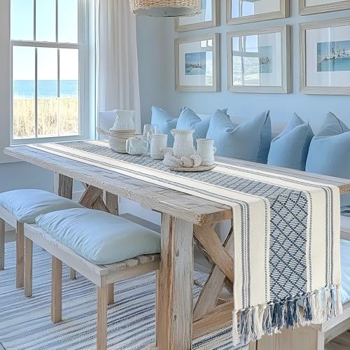 yuboo Blue and White Table Runner Farmhouse Style - Coastal Boho Woven Table Runner 72 inches Long with Tassels, Dresser Runner Cover Top for Coffee Table, Kitchen, Bedroom, Fall Table Decor - Image 4