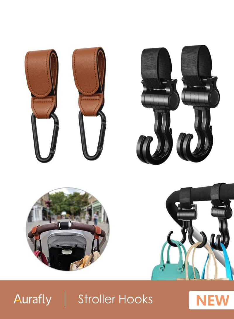 أورافلي مجموعة من 4 خطافات لعربة الأطفال، وخطاف متعدد الوظائف لحقيبة التسوق + خطاف مزدوج يدور 360 درجة، وخطافات جلدية قابلة للتعديل لعربة الأطفال، وخطافات تنظيم، وحقيبة للأمهات وملحقات عربة أطفال مريحة - Image 1