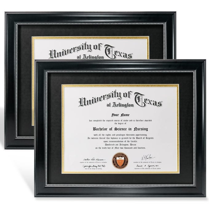 85X11 DIPLOMA FRAME WITH BLACK OVER GOLD MAT OR DISPLAY 11X14 DOCUMENT WITHOUT MAT UV PROTECTION ACRYLIC BLACK WITH SILVER BEADS SET OF 2