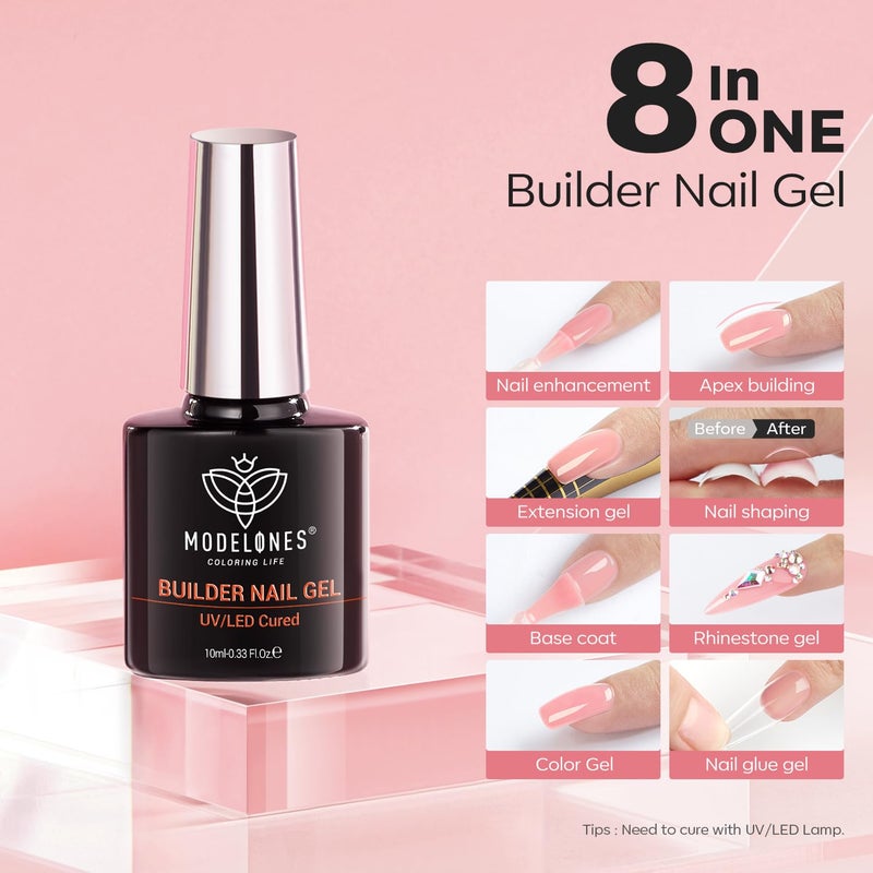 modelones Builder Nail Gel, 8-in-One Jelly Pink Builder, Peachy Pink Rubber Base Gel Polish, LED Lamp Cured Nude Color Base Hardener, Apex Building Strengthener Extension for Girls Home DIY Salon - Image 3