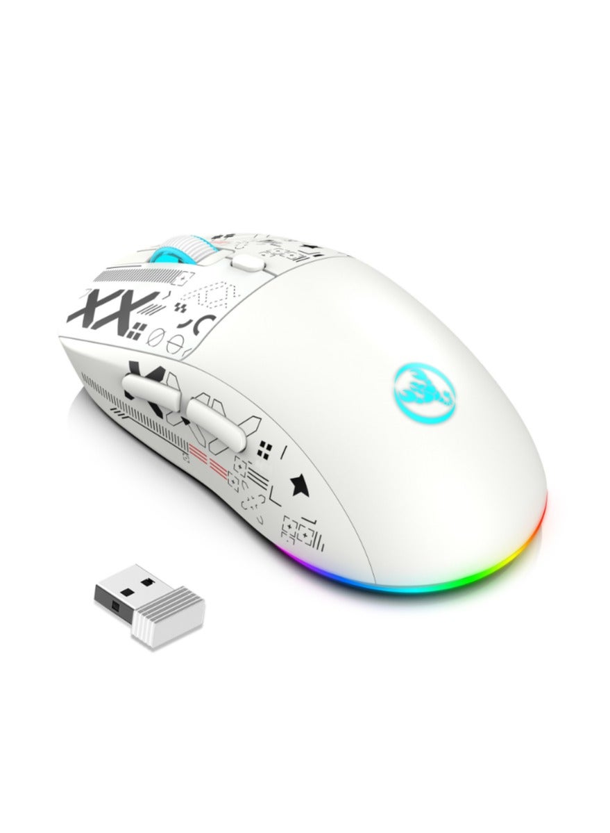 HXSJ T90 Wireless Gaming Mouse – Tri-Mode (Wired, 2.4GHz, BT5.3) – 3600 DPI Adjustable – 650mAh Rechargeable Battery – RGB Lighting (6 Modes) – Ultra-Light – Silent Switches – Type-C Fast Charging – PC, Laptop Compatible (White)