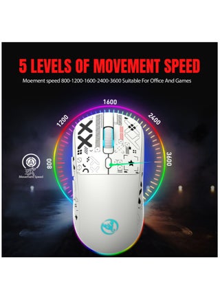 ماوس ألعاب لاسلكي HXSJ T90 – اتصال ثلاثي (سلكي، 2.4GHz، بلوتوث 5.3) – حساسية قابلة للتعديل حتى 3600 DPI – بطارية قابلة للشحن 650mAh – إضاءة RGB (6 أوضاع) – فائق الخفة – مفاتيح صامتة – شحن سريع عبر Type-C – متوافق مع الكمبيوتر واللابتوب (أبيض) - view 3