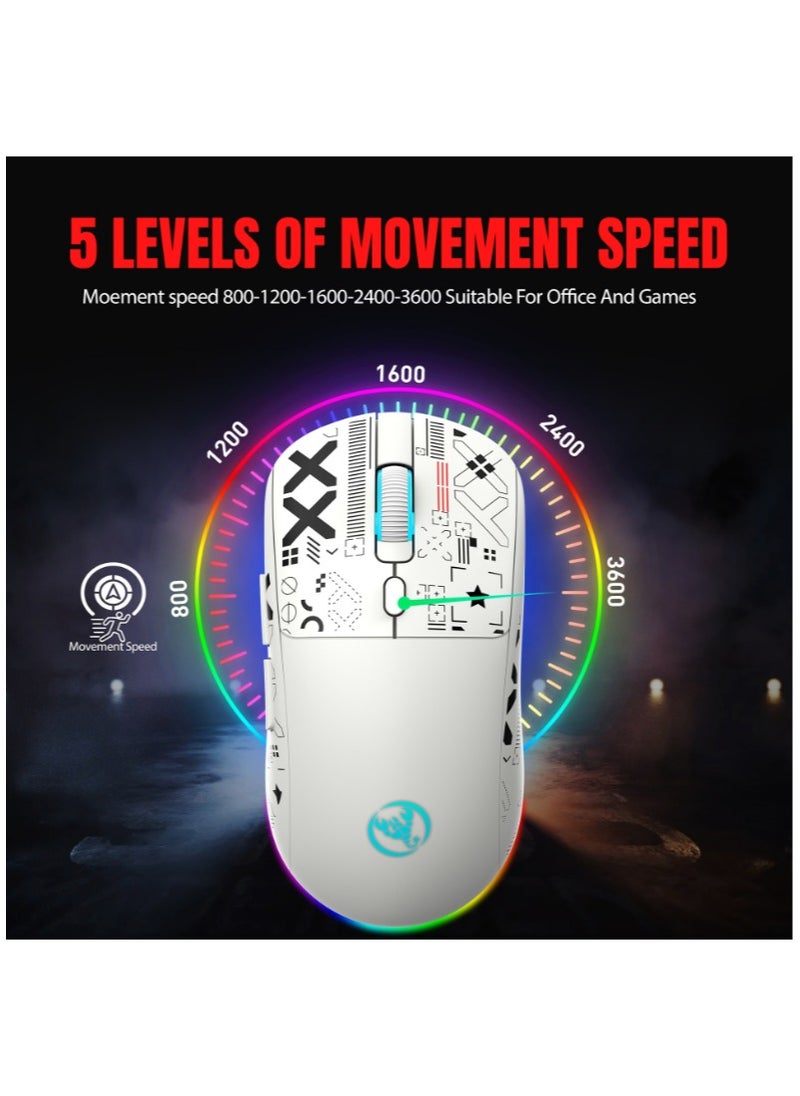 ماركة غير محددة ماوس ألعاب لاسلكي HXSJ T90 – اتصال ثلاثي (سلكي، 2.4GHz، بلوتوث 5.3) – حساسية قابلة للتعديل حتى 3600 DPI – بطارية قابلة للشحن 650mAh – إضاءة RGB (6 أوضاع) – فائق الخفة – مفاتيح صامتة – شحن سريع عبر Type-C – متوافق مع الكمبيوتر واللابتوب (أبيض)  - Image 3