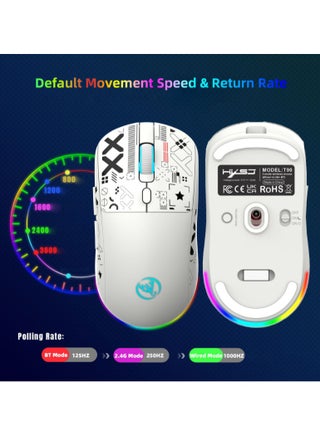 ماوس ألعاب لاسلكي HXSJ T90 – اتصال ثلاثي (سلكي، 2.4GHz، بلوتوث 5.3) – حساسية قابلة للتعديل حتى 3600 DPI – بطارية قابلة للشحن 650mAh – إضاءة RGB (6 أوضاع) – فائق الخفة – مفاتيح صامتة – شحن سريع عبر Type-C – متوافق مع الكمبيوتر واللابتوب (أبيض) - view 4
