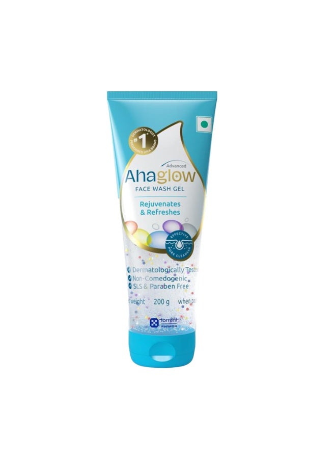 Ahaglow Advanced Face Wash Gel 200g with AHA(1% Glycolic Acid) Glow Bombs| Jojoba & Tea Tree Oil | Allantoin, Vitamin E & Oak bark Extract | No.1 Dermatologist Prescribed AHA Brand - By Torrent Pharma - Image 1